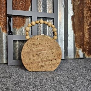 Round Cork & Gold Foil Crossbody Handbag with Beaded Handle